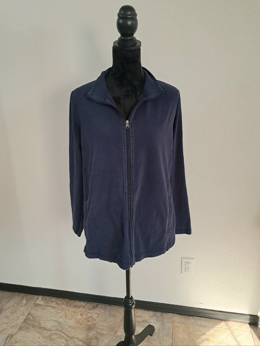 Talbots Zip Up Track Jacket Women's 1X Navy Pockets High Neck Casual Outerwear